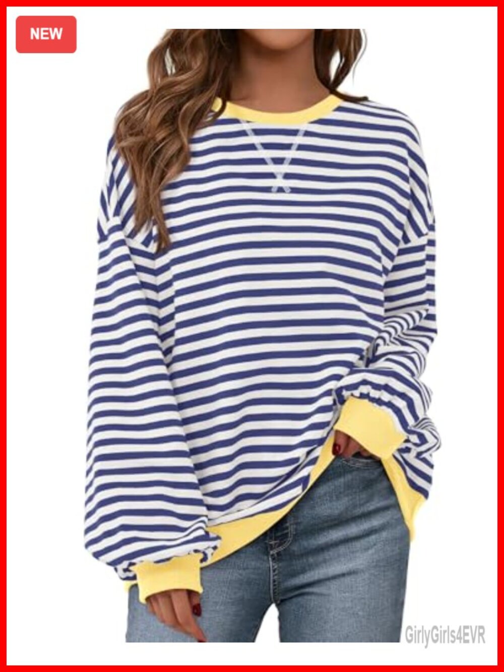 Oversized Striped Crewneck Sweatshirt Lantern Sleeve Loose Fit Pullover